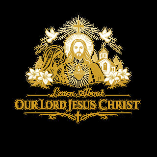 Golden religious emblem featuring Jesus Christ with halo, doves, lilies, and Orthodox church